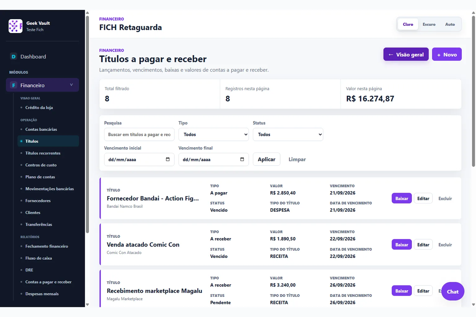 Tela de títulos a pagar e receber no FICH Retaguarda